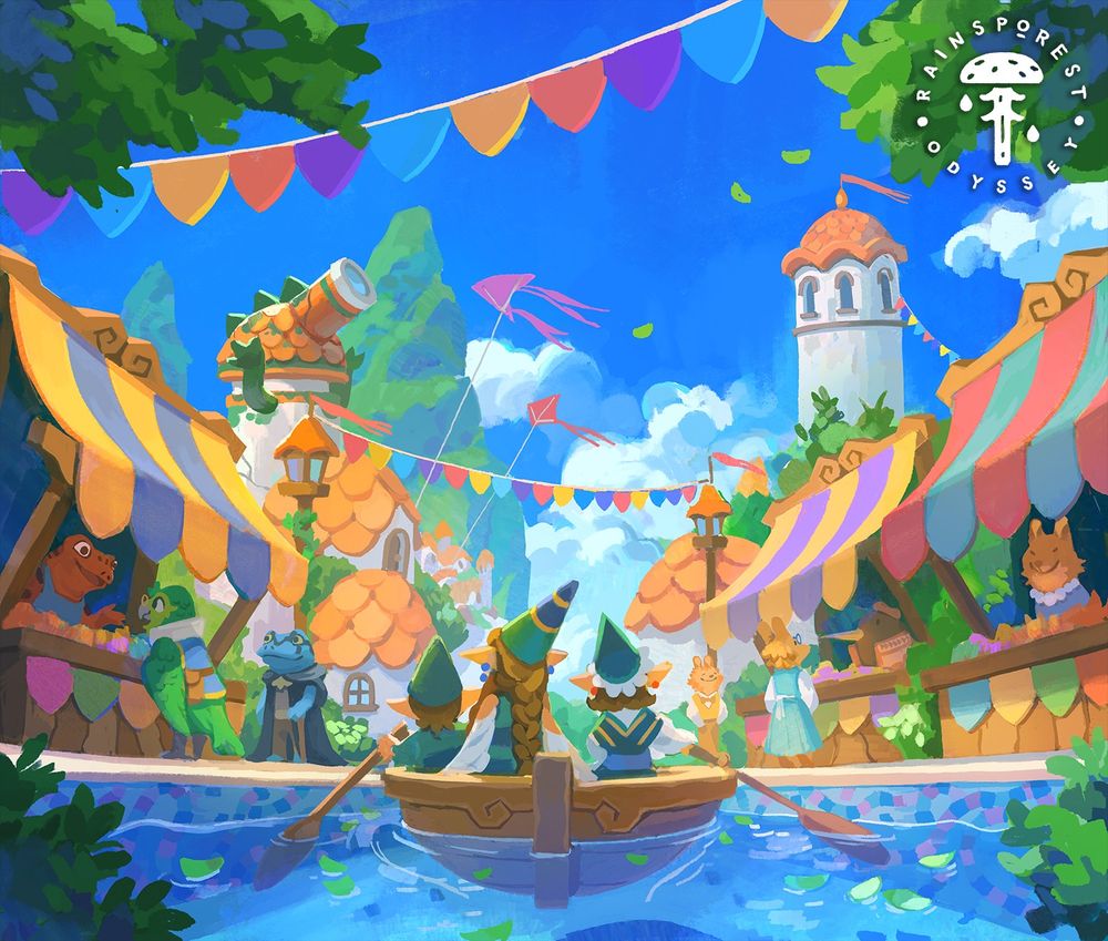 An illustration of a colorful mountaintop village preparing for a festival. The street is a river flowing between market stalls, and a boat full of gnomes dressed in green is in the center of the shot. Animal people work at the stalls on either side. There are multicolored banners, flags and kites everywhere. In the background, a tower with a telescope looms. 