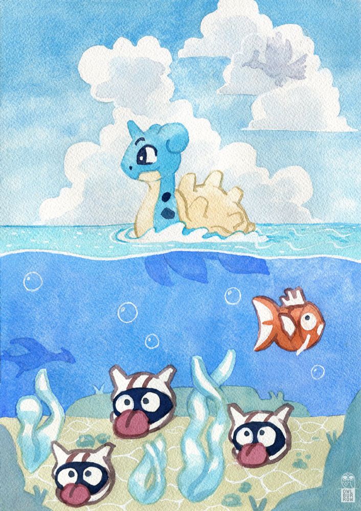 A watercolor painting of the Pokemon Lapras swimming in the sea. The illustration is inspired by the intro animation from the Pokemon Gold and Silver video games. Lapras is swimming to the left with white fluffy clouds behind it in the blue sky. The faint silhouette of Ho-oh can be seen above. In the sea below, three Shellder sit on the sand. A Magikarp swims by. The silhouette of Lugia can be seen far away. 