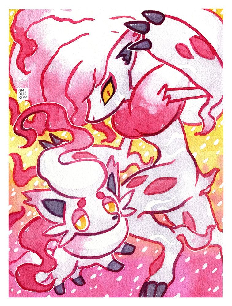 A watercolor painting of the Pokemon Hisuian Zoroark and Zorua. They are jumping towards one another on a pink and yellow background flecked with snow.