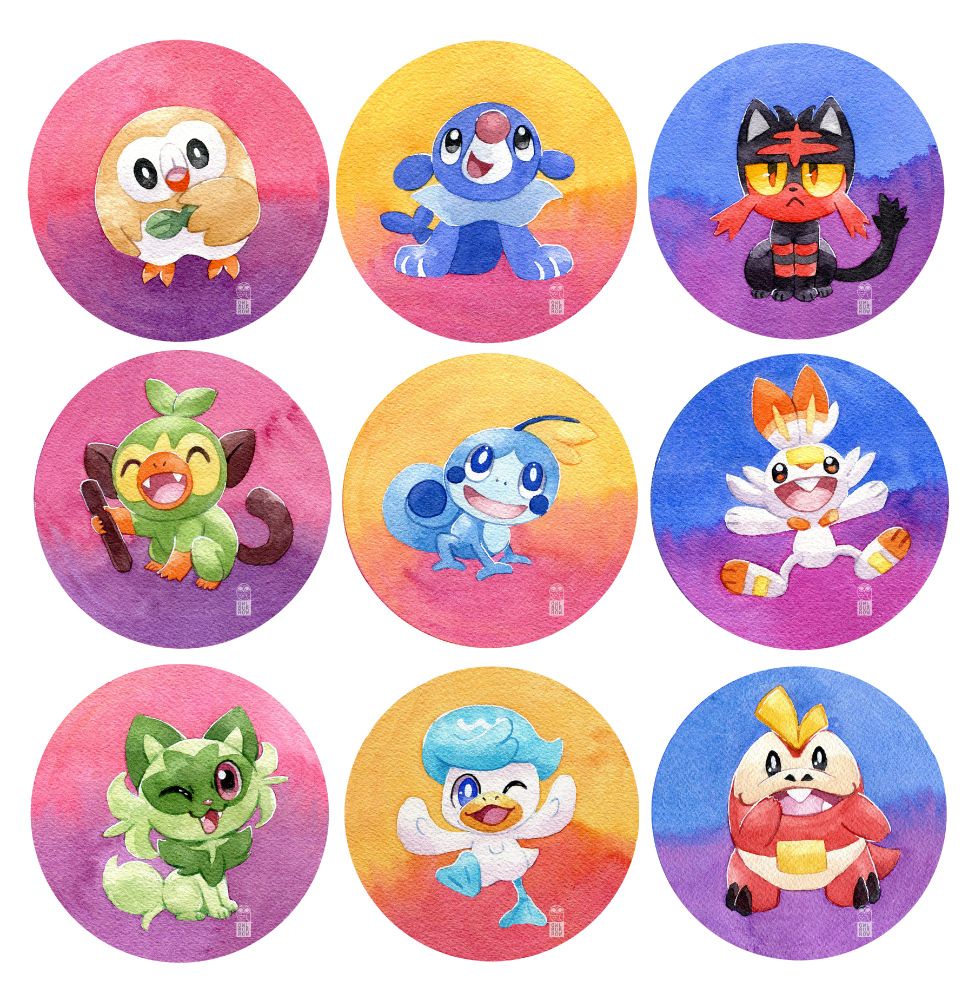 A series of watercolor paintings of the starter Pokemon from Alola, Galar and Paldea. Each starter is painted inside a colorful circle, and are all looking happily at the camera. Except for Litten who is scowling. 
