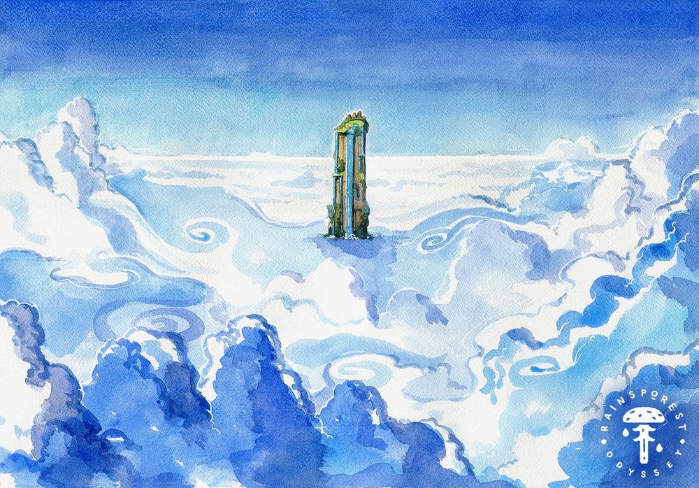 A watercolor painting of a vast swathe of blue and white clouds stretching across the horizon. A tall narrow mountain sticks out of the clouds, and waterfalls run down its sides.