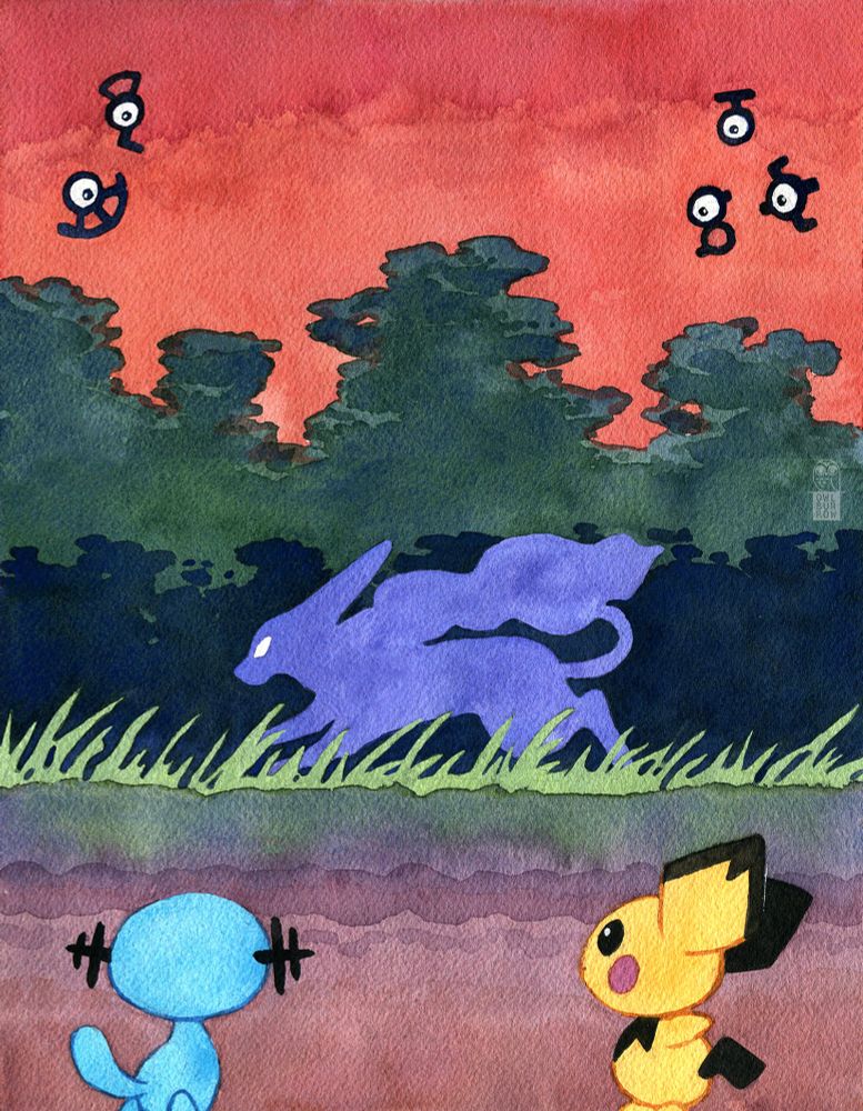 A watercolor painting of the Pokemon Suicune, inspired by the Pokemon Crystal video game opening animation. Suicune is depicted in profile, racing across the page towards the left side. Its body is in silhouette, painted in solid lilac. In the foreground, a Wooper and Pichu look on curiously. Behind Suicune, a grove of dark green trees stands before a burning orange sunset. Five Unown are watching from above.