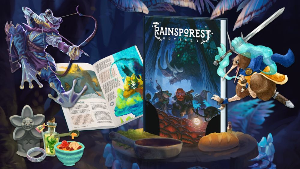 A collaged image showing various parts of the tabletop game Rainsporest Odyssey. From left to right, the image features an illustration of an archer frog leaping down with his bow drawn, a pile of magical items including a ring, a potion, a stone statue, and a bowl of soup, an open page spread of a tabletop roleplaying book, the front cover of the book on a tree stump with cooking implements in front of it, and a kiwi bird with magical blue arms leaping down at the book with a huge sword in his hands.