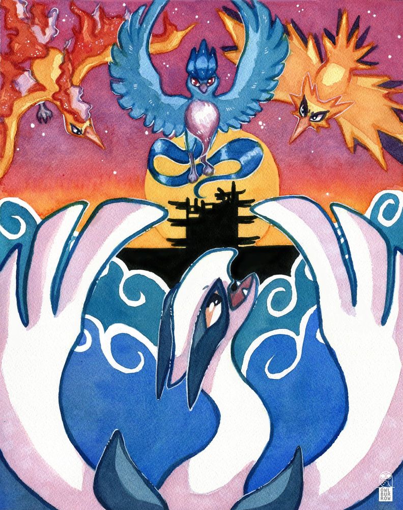 A watercolor painting of the legendary Pokemon from Pokemon SoulSilver version. At the bottom of the painting, Lugia is spreading its wings and looking up at the Burned Tower, set against a raging blue ocean. The Burned Tower is silhouetted in black in front of a setting sun. Above the tower, the legendary Pokemon Moltres, Articuno and Zapdos are diving down towards the viewer.