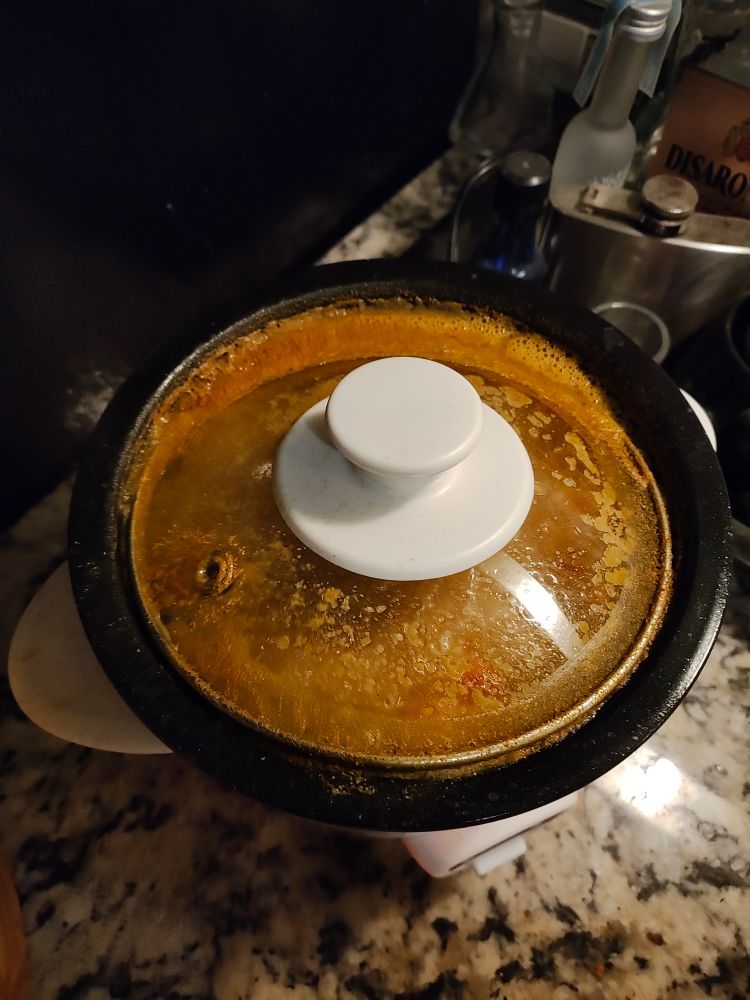A tiny Dash rice cooker filled to the lid with boiling butternut karma 