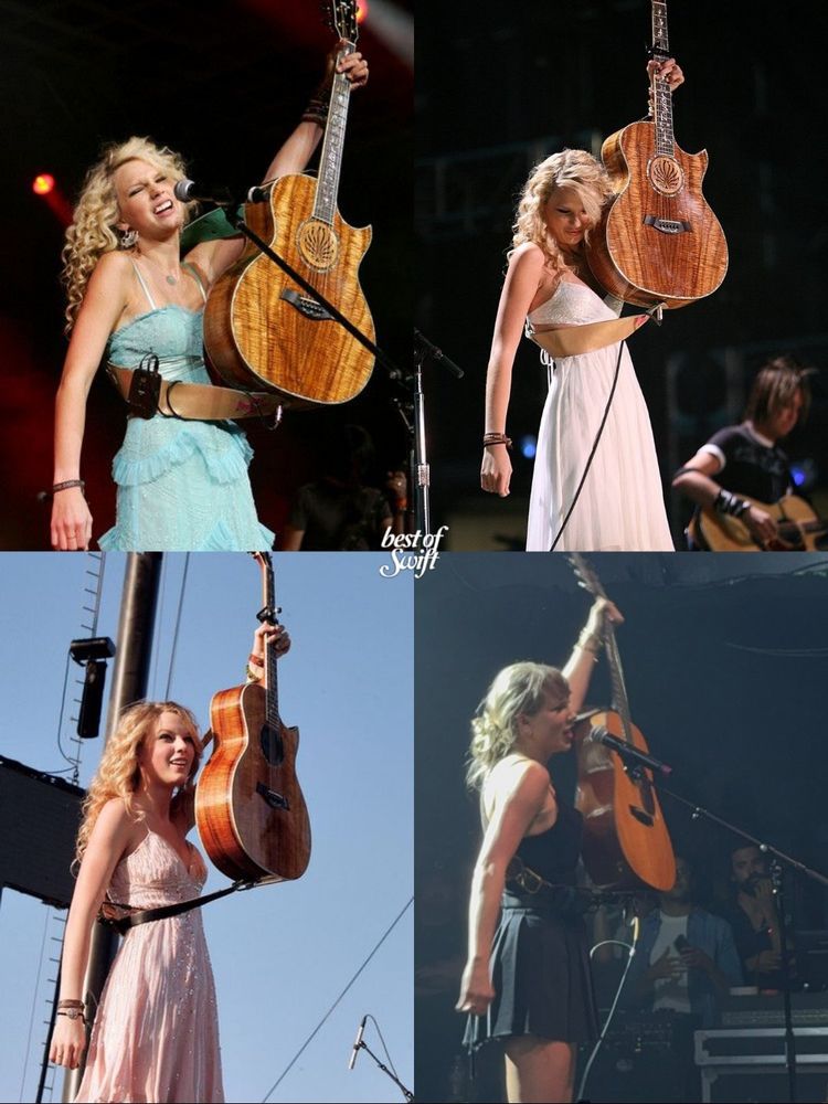 4 photos of Taylor Swift holding up the guitar with her left hand after ending a performance throughout the years