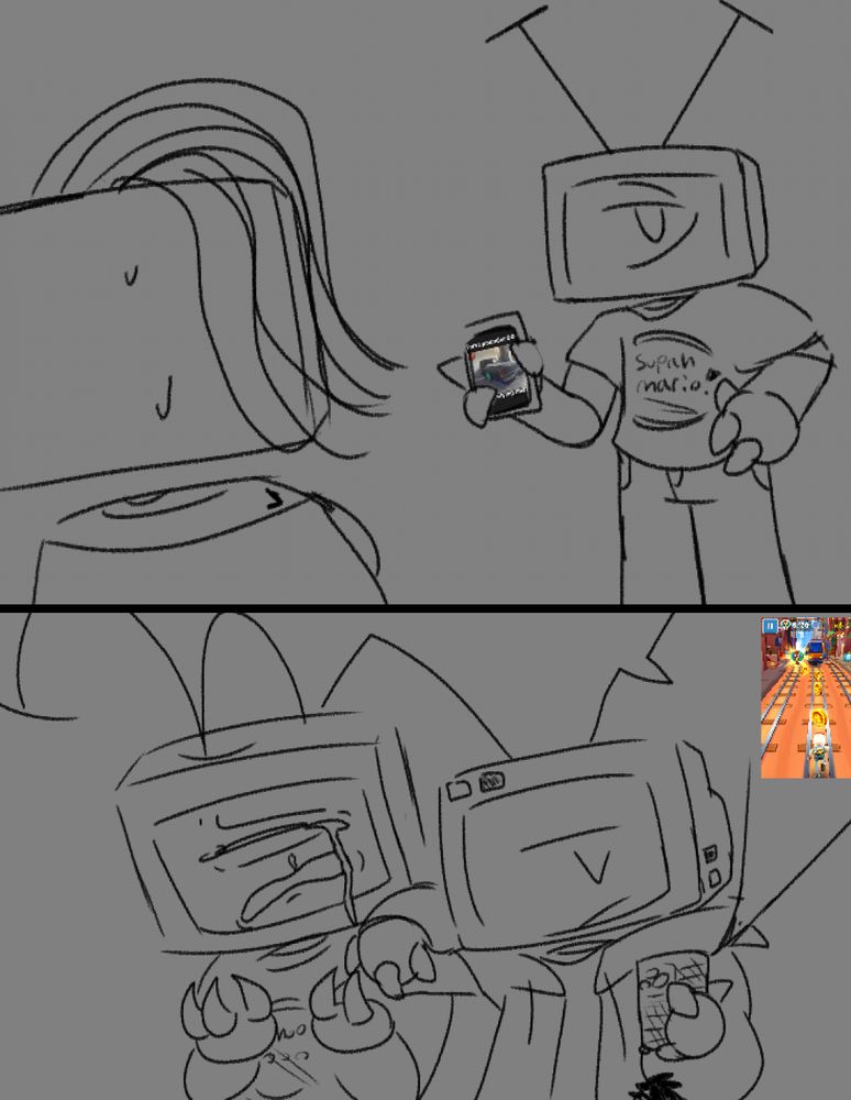 ratcher holds up a phone to a chick with the torta pounder 9000 on it- a bed shaped like a ford f-150. the image (although crunched) is supposed to read "torta pounder 9000, you buying this?"

second panel rather is ugly crying while cybel (poorly) attempts to comfort him whilst playing subway surfers