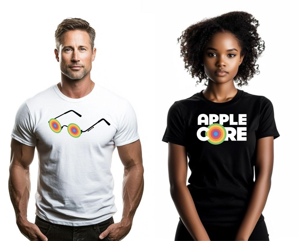 Two models wearing Apple Core t-shirt designs. One features the Apple Core logo, the other features a pair of round glasses.