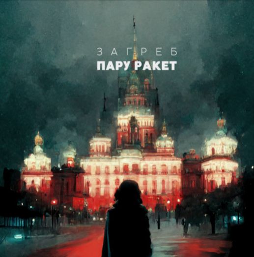 Cover of the single "A Couple of Missiles" by Zahreb. Depicting a person with shoulder-length wavy hair looking at Cremlin-like building. The building is lightened in red lights, the surroundings are gloomy and dark.