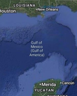 screenshot of the Gulf of Mexico from Google Maps Canada. It is labelled "Gulf of Mexico (Gulf of America)"