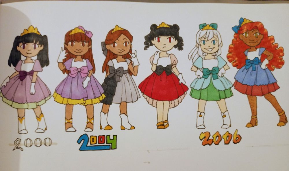 A picture of my sketchbook; there is a row of chibi characters (my original characters) with thin black line art and bright marker colors. Below them are years drawn in iconic fonts themed on key media in my life at the time. All the girls have gold crowns, waist bows in their image color, full skirts, white gloves, and various sleeve shapes on white bodices.

From left to right we have:

(2000; font resembles a fantasy novel cover)
Mara; green & light purple dress; dark purple ribbon. She has long black pigtails and a little smile.

(2004; font is boldly colored block letters like a certain TV show)
Nova; light purple & yellow dress; lavender ribbon. Her long brown hair is unchanged except for a little bow. She's waving.
Flora; dark gray ribbon; dress is in grays. Her long brown hair is pulled back on the sides.


(2006; font is in a yellow to orange gradient with a shaped reminiscent of brush strokes like a certain manga)
Ume; dress is in pinks, ribbon is black. Her black hair is up in two buns with two curly pigtails.
Hermes; dress is in blues and green; bow is teal; white hair is up in a ponytail. She has defiant posture.
Almondine; dress is sky blue & dusty red-pink; bow is dark blue. Her fluffy red hair is held back from her face with a small bow. She has a confident pose and is clearly the tallest one there.