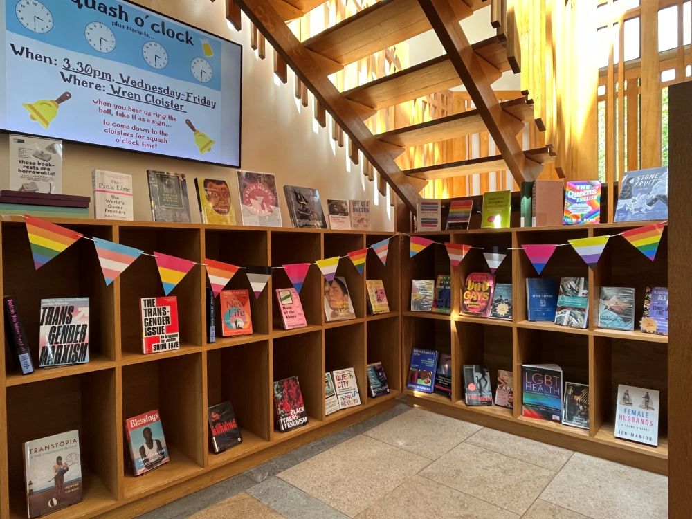 A book and DVD display in the modern student library; includes bunting of a range of LGBTQ+ flags.