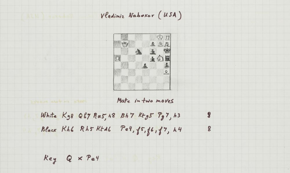 Chess puzzle handwritten by Vladimir Nabokov. Sent to R. G. C. McVittie for publication in The Trinity Review, Lent term, 1969.