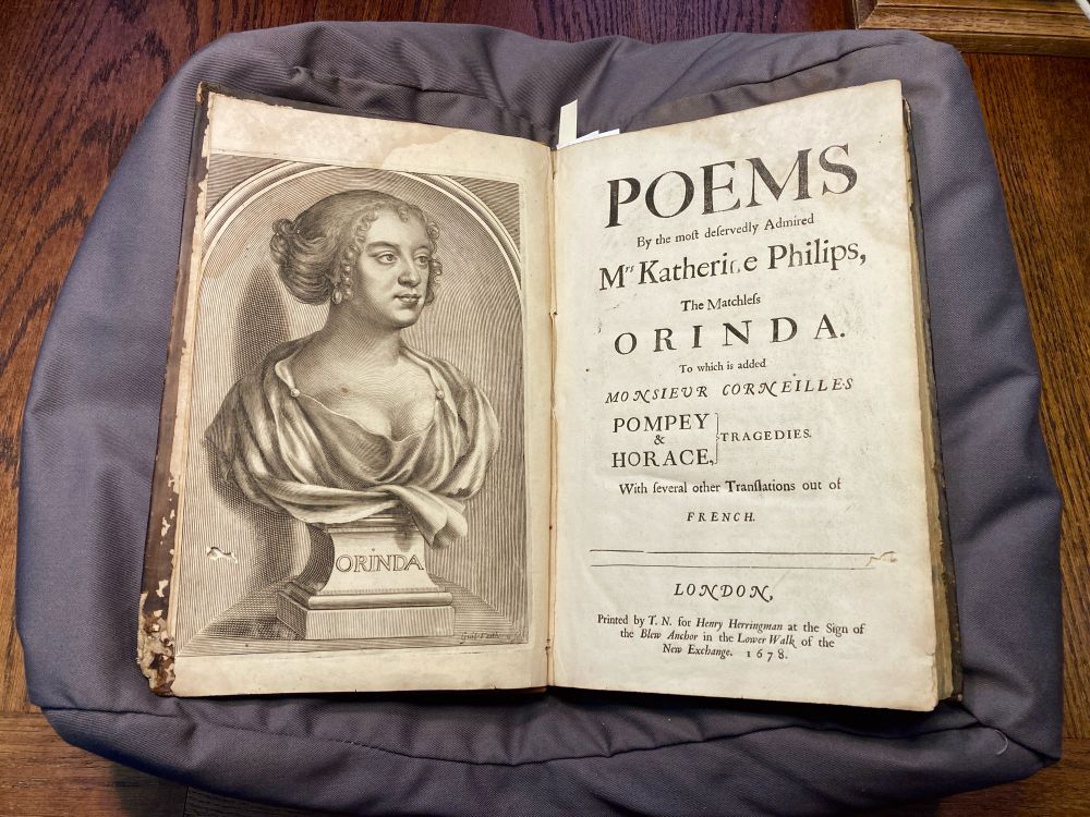 A 1678 edition of Katherine Philips poems. Title page and engraved frontispiece.