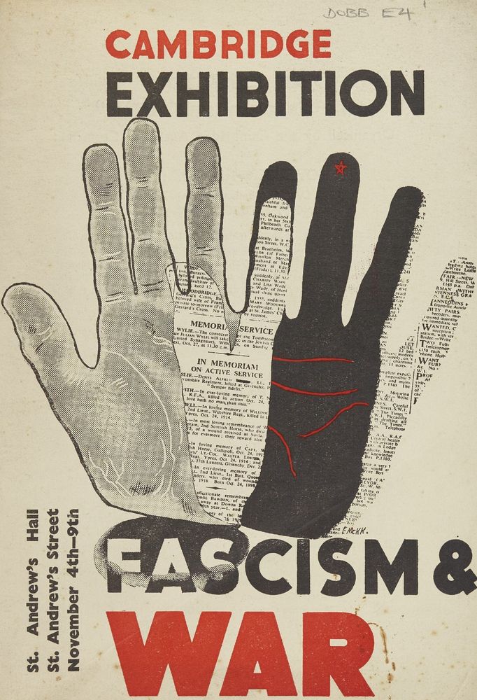 Image of the front page of a booklet titled 'Cambridge Exhibition: Fascism & War' produced for an exhibition at St Andrew's Hall. The cover shows two illustrated hand prints, one shaded, and another blacked out with ink. Shadows of the two hands are made with lines from a newspaper column. 