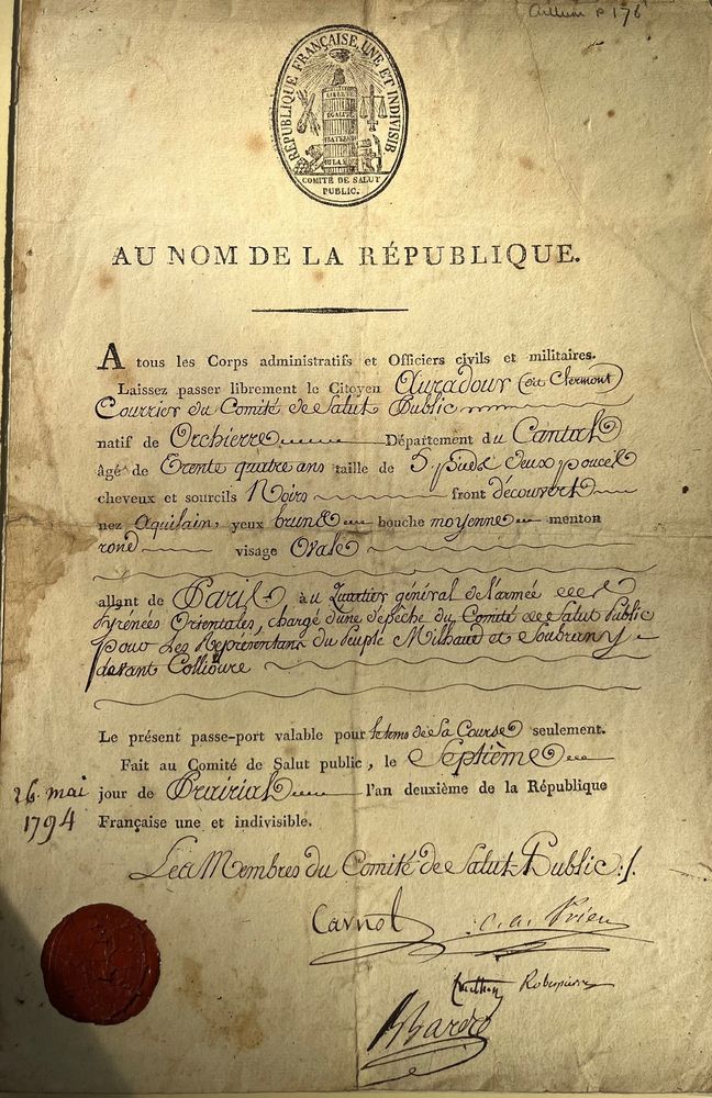 Passport signed by the Committee for Public Safety in France, 1794, including Maximilien Robespierre.