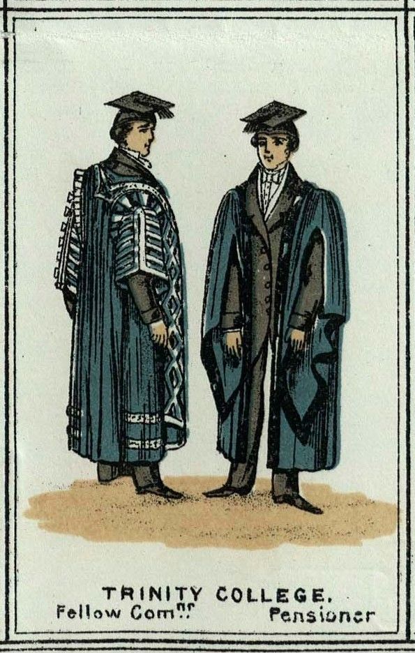 An illustration of two men wearing the traditional academic dress of a Fellow Commoner at Trinity College, Cambridge. The men wear suits underneath their blue gowns, which feature detailed beading patterns, and matching mortarboards.