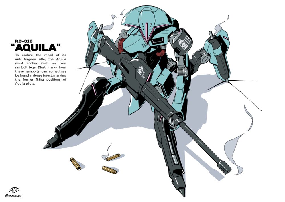 Character sheet for the RD-316 "Aquila." To endure the recoil of its anti-Dragoon rifle, the Aquila must anchor itself on twin rambolt legs. Blast marks from these rambolts can sometimes be found in dense forest, marking the former firing positions of Aquila pilots.