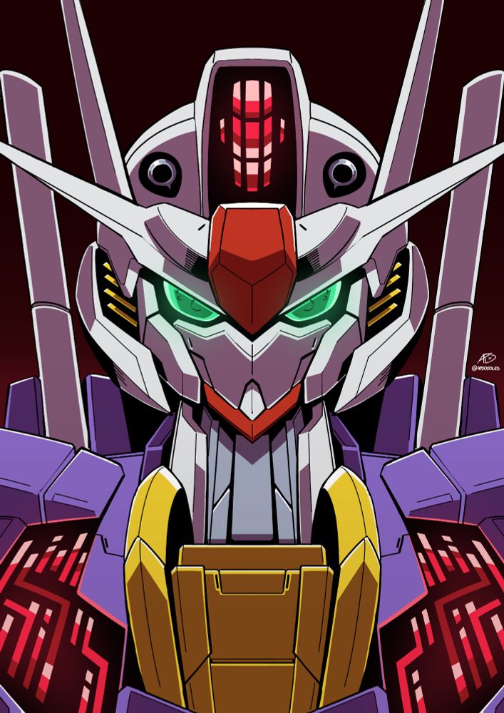 An illustration of the Gundam Aerial from Gundam: The Witch from Mercury. It faces the viewer, with red Permet elements in its chest and head units glowing brightly.