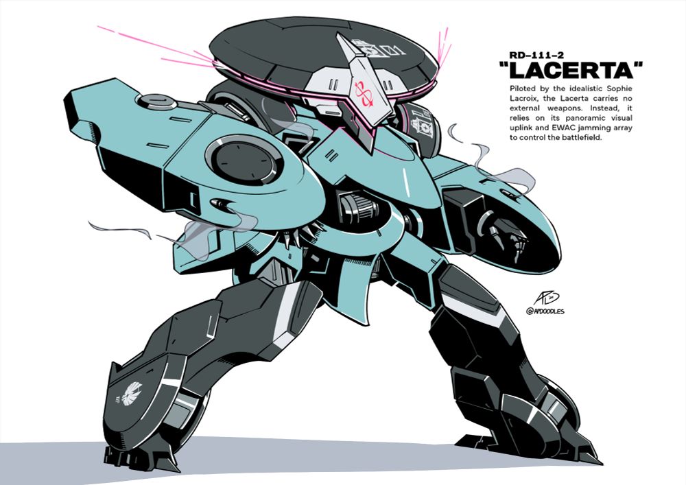 Character sheet for the RD-111-2 "Lacerta." Piloted by the idealistic Sophie Lacroix, the Lacerta carries no external weapons. Instead, it relies on its panoramic visual uplink and EWAC jamming array to control the battlefield.