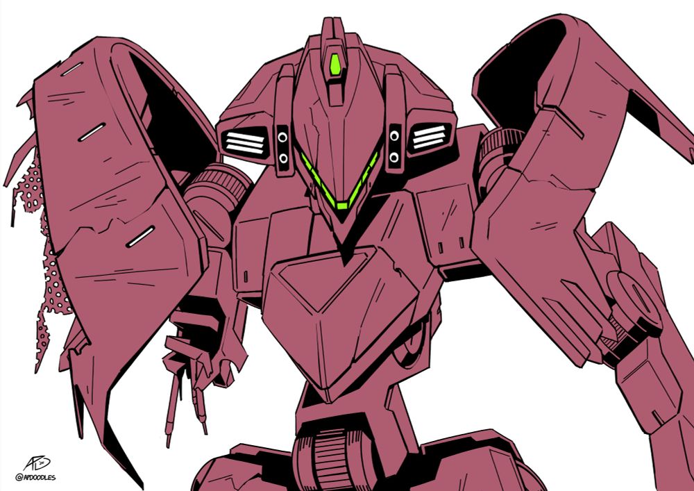 Sketch of a battle-damaged Dragoon mech, the BX-721 'Desperado.'