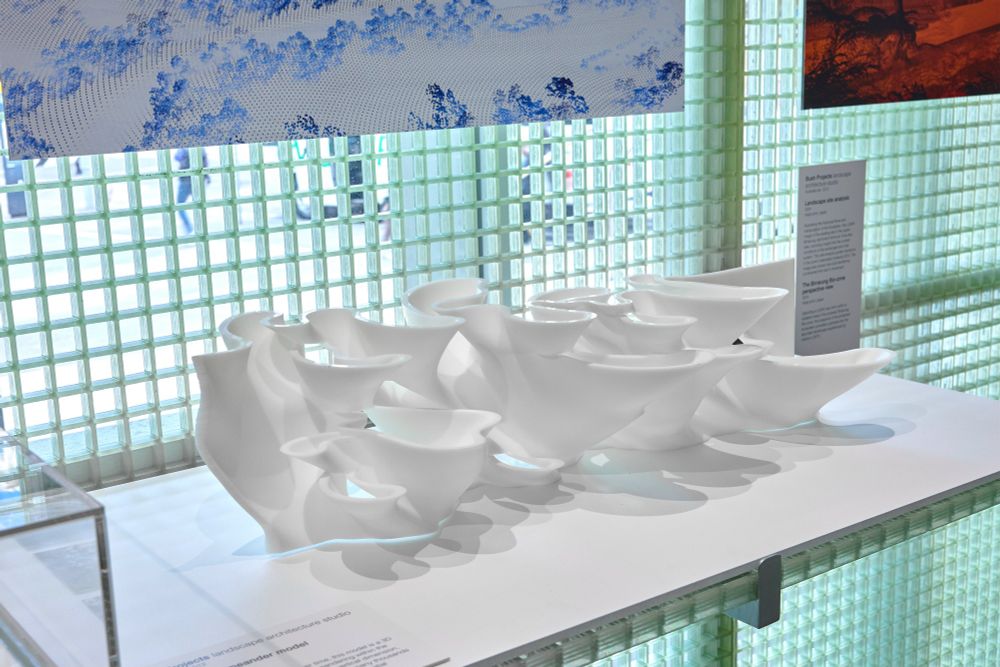 A 3D-printed model of meanders through time, where time is on the vertical axis. Printed in white plastic