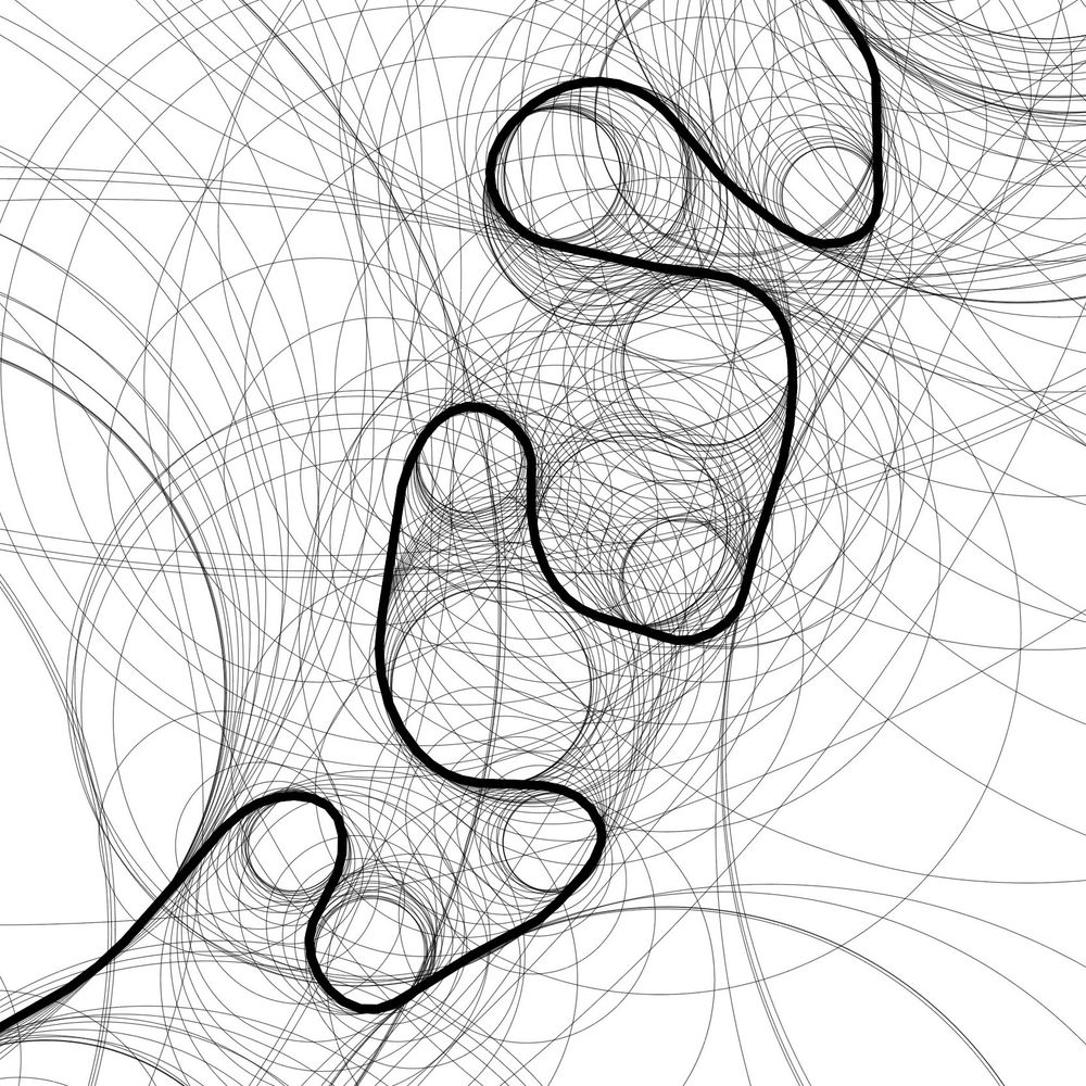 Thick black line is the centerline of the Beni River in Bolivia. Circles that are tangent to the centerline represent the radius of curvature ag the location. Smaller circles = higher curvatures.