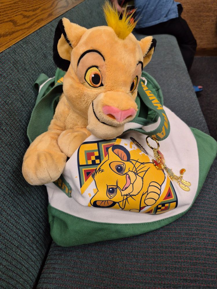 A Lion King themed messenger bag with a plush of young Simba inside