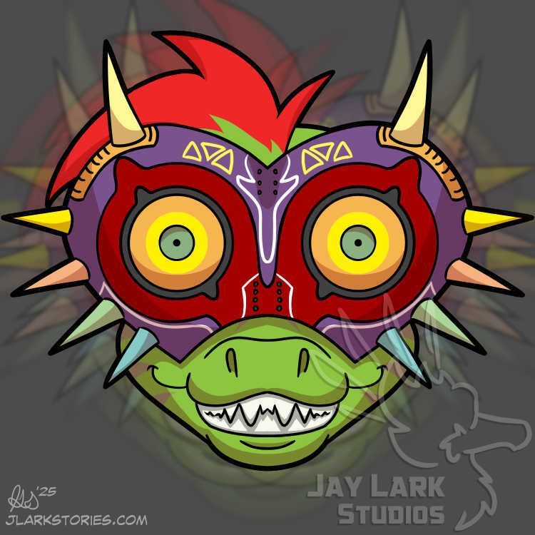 Ine, the feathered lizard, grinning and wearing the Majora's Mask, a purple and red mask with wide yellow eyes and colorful horns around the outer edge.