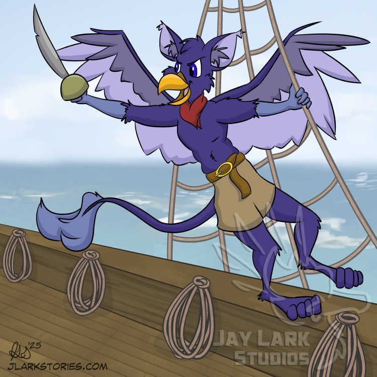 a purple gryphon wearing tan shorts and a red bandana, smiling and brandishing a sword while holding to the rigging of a ship