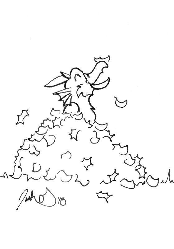 a black and white pen drawing of Dil, a panther-bird hybrid with a beak and feathers, sitting in a pile of leaves and smiling as one leaf balances on the tip of his beak