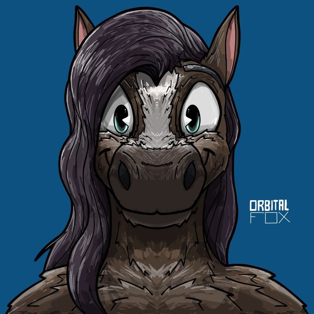 a front-facing profile picture of a brown horse with a long dark brown mane and white blaze on her forhead. She's smiling and drawn with textured strokes and fuzzy fur