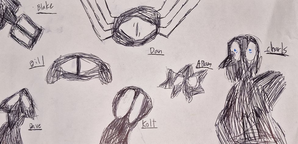 a page full of monsters of various shapes made of scribbled black ballpoint pen, including some that resemble spiders, ghosts, and cyclops, each with a normal sounding name like Blake, Bill, Adam, Charles, etc.