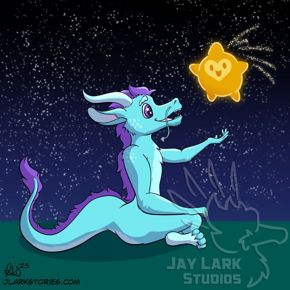 Eli, an anthro Eastern dragon with light blue fur and purple mane running down his back and tail, sitting on the grass under a night sky and smiling up at a glowing yellow star with a smiling face as it floats down towards his open hand