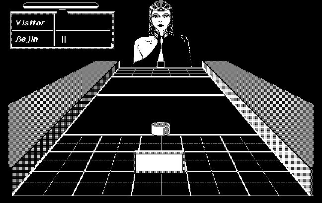 Shufflepuck Café, version en noir et blanc à laquelle je jouais sur le Mac de mon père. Cest un jeu de palet et on voit que la capture d'écran le personnage joué par l'ordinateur qui semble etre une sorte de belle gothique/sorcière.
