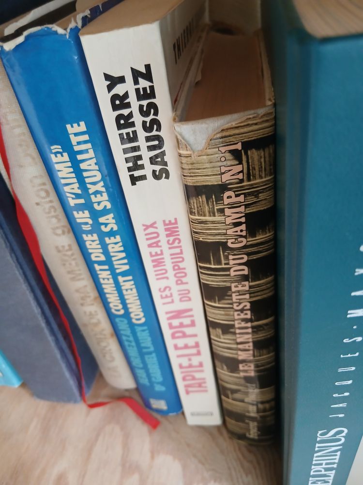 Photo prise d'une boîte a livres avec notamment la tranche d'un livre de Thierry Saussez "Tapie-Le Pen les jumeaux du populisme"