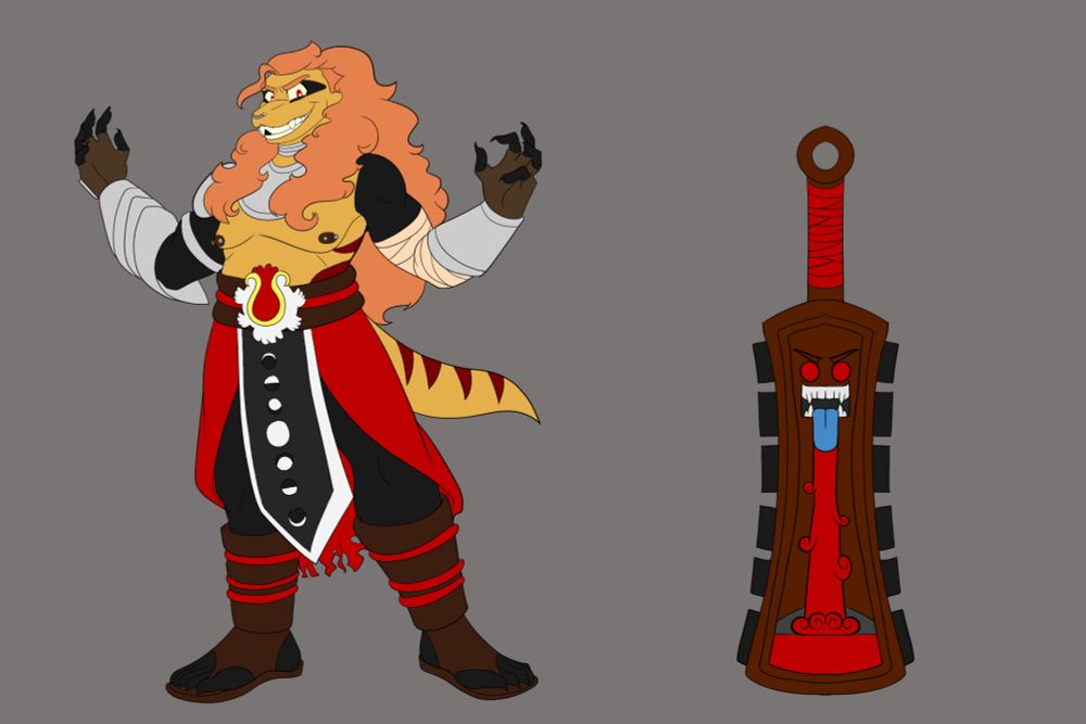 Key art of Rafael de Leon, one of the main characters of the comic, Eclipsed With You. He is a centralian blue tongue stink wearing Aztec inspired armor and sports long, curly auburn hair. To his left is a dark brown macuahuitl with red eyes, fangs, and a blue tongue pouring a waterfall of blood into a blood-filled lake.