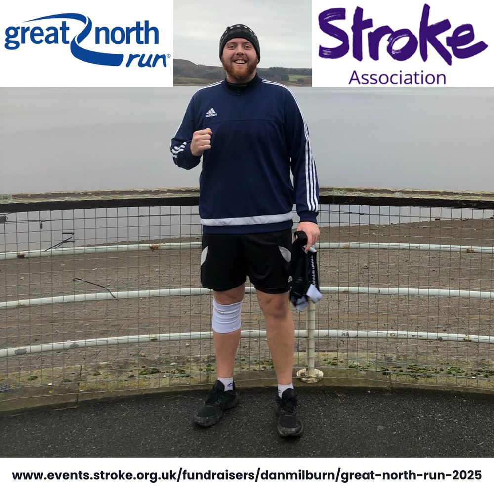 Bearded man in running gear stands by the coast, next to the logos for the Great North Run and the Stroke Association.