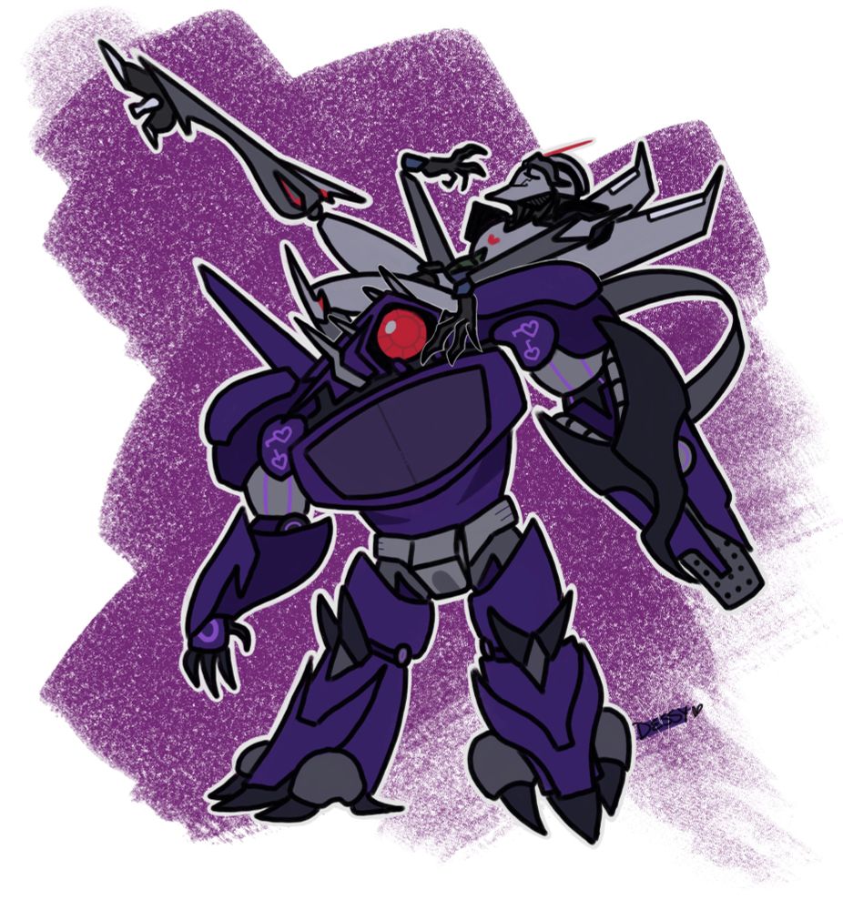 Shockwave and Starscream from Transformers Prime 
Starscream is lounging on Shockwave’s shoulder looking very smug