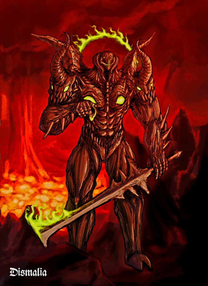 A Knightly Demon clad in an osseous armor carapace that hunts for powerful Slayers and fights with no sense of self preservation. In the depths of the perilous pits seething with the fetid fumes of undying monstrous meats, the Carnal Chasms of Ouroborea, dungeons carved out of the titanic corpses amalgamated into a baneful biome, a freshly knighted Horned Eye Battle Behemoth is bestowed the duty of patroling these Demonic Domains, emboldened by the burning blood of its Regal Baron. 

Emerging from the ashen veils of the charred husk of a world where demoniac magic is rampant, the Horned Eye Hellish Knight brandishing an osseous cleaver carved out of an unknowable colossal Behemoth, draws its own verdant blood as it ignites upon being exposed to the dismal heat that surrounds it, conjuring baneful smokeless flames that anoint its blade and crown it with a fiery halo. Maintaining the wound of its index claw opened as it points towards an unknown opponent, the sound of crushed stones echoing as its mandibles move and the telepathic message is transmitted into the mind of the Slayer that sought this demonic champion after a somber walk across the Dismalia Frontier. 