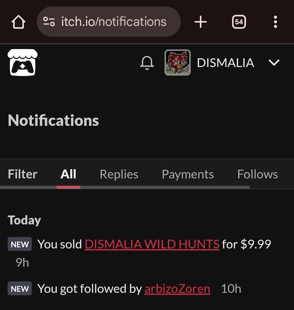 Screenshot of "DISMALIA WILD HUNTS"'s most recent sell by a recent follower on Itch.io. 