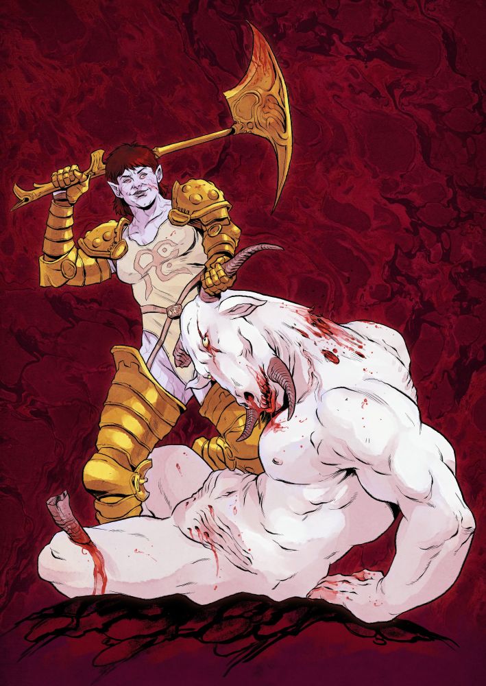 Incarnating the rage of a ravenous reaver, the Glory Seeker invokes the pankrationist virtues of Behemoth Slayers and inverted the position of prey and hunter while running through the tusked trenches, shifting from being chased by one of these Molochian Taurine Demons to being the chaser, performing elaborate acrobatic maneuvers to lose her raging pursuer before it could realize she was already on its trail. Proceeding to turn this hunt into an improvised gladiatorial duel, complete with a stage and audience, being both her fellow Slayers of the Butcher’s Company and the brethren of this bale brute. 

The Molochian Behemoth by leading its horned charge to demolish a wall of the Tusked Trenches, carving a path towards Moloch's Citadel during the siege with her fellow Slayers, competing with the Conquering Chimeras that were advancing from the other cardinal direction, seeking to obtain the treasured Mystic Crucible Forges first. After baiting the beast to rush blindly at her, she rode on top of its back, strangling it with her legs, leaving a trail of devastation that trampled the shifting and fleshy labyrinthine trenches. Ending their rodeo at a wide rotunda after bursting through the immense gates of the bastion, dismounting the Behemoth and taking a deceptively defensive battle stance. 
The infernal bovine bellowed beastly, conjuring the flames of the forges they were sworn to defend with their existence. Blinded briefly by its own crackling plasma clasped in its clutches, the taurine Demon had its horn broken by the agile swing of a wrecking war hammer that flew by the bursting flare. The weapon melted from the heat of the hell fire, but it broke both its horn and the focus of the fiend, being discarded by the Huntress once it accomplished its goal. Immediately, shattering the tip of the horn was grabbed by the Zathán warrior then stabbed with precision on the meaty thigh of the minotaur. Right above the knee as well. 