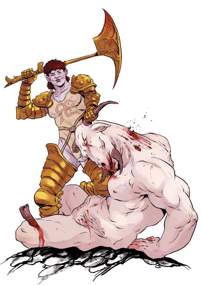 Afterwards, she lost no time in breaking down the beast further, kicking over the stabbed horn to penetrate deeper and force the Demon to kneel. There, Gloriosa grappled the beast by its other horn, twisting on a paralyzing lock, opting to make a spectacle out of this kill. Lifting her golden head-hunting axe slowly, held on the other hand, patiently breaking the minotaur’s vertebra one by one as if charging power for her finishing cleave, smiling sadistically. By the time the weight of the axe cleaved through the fiend’s flesh, the Sentinel Renkora was guiding their troop across the path that cut through the tusked trenches into the wrecked entrance of the bastion, where they beheld the warrior Gloriosa feasting on the burning flesh of the Molochian Behemoth that had been terrorizing Vuglozer’s men for weeks. Its head, missing a horn, hangs by Praetoria’s belt on a meathook. Her axe now drenched in the flaming green blood, still burning. She consumed its liver and heart, absorbing the cholera and taming the baneful fire.