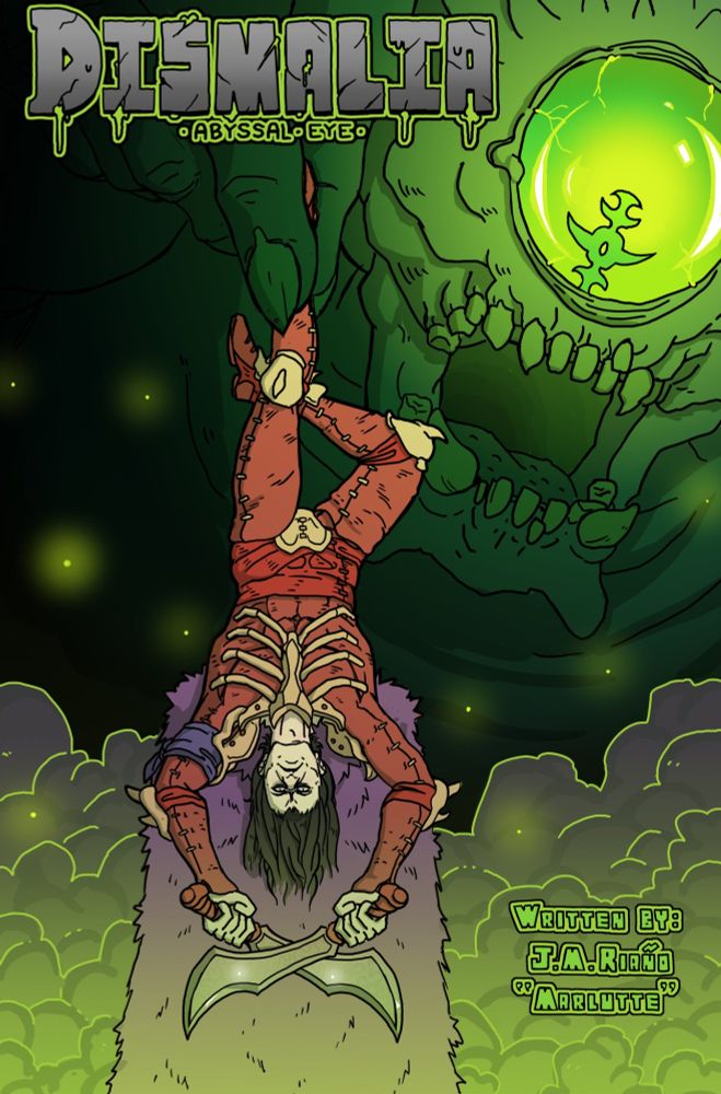 The Abyssal Eye depicts the Flayer of Fiends in the Hanged Man pose, from the arcana major of the Tarot deck, in representation of his in depth personal journey in DISMALIA as the Hanged Huntsman, tragic figure in the process of transformation, within and outside, external and internal, as above so below. The Cyclopean Tyrant Bælrog, an alien Demon from the Nightmare Above, the Butcher's nemesis, remembers him well. This is the Demon that Bosco is hellbent on killing personally, but it is elusive and it eludes his current hunting skills. 

Not for long, for he is following the trail of the eyeless Behemoths of its own legion it leaves behind during its mysterious search of something of great power in these dismal wastes, and he is going to behead this Behemoth before it achieves that goal. Such is why he is embroiled by the eldritch epidermal embracer, or "Meatsuit", "Flesh Suit", "Fleshy Armor" and other common nicknames given by others. For it was the embrace of the dead flesh of Demons which saved his own pale skin from being brutally devoured by the Behemoths, who drastically reduced the Rokyu's numbers by a tenfold, jumping over his party of freshly exiled Slayers, who were sent to the slaughter by Adrian Romero in a suicide Hunt, knowing fully well it was out of their league, but it was intentional, to purge the weak that overcrowded his precious lodge. Bosco, however, was the exception, surviving by the grace of his knowledge learned from his enigmatic father figure, who taught him the surgical secrets of Demonology applied to the craft of their flesh. 

Since then, he has perfected the symbiotic relationship with the living armor, taming its parasitic properties in his favor to achieve perfect stealth, his human scent and living heat sealed beneath layers of demonic skin, which he patches up with that of stronger Demons the more he hunts. Soon, the skin of the Cyclopean Tyrant shall join his tapestry of terror, his skull fuse with his mortis monolith.

