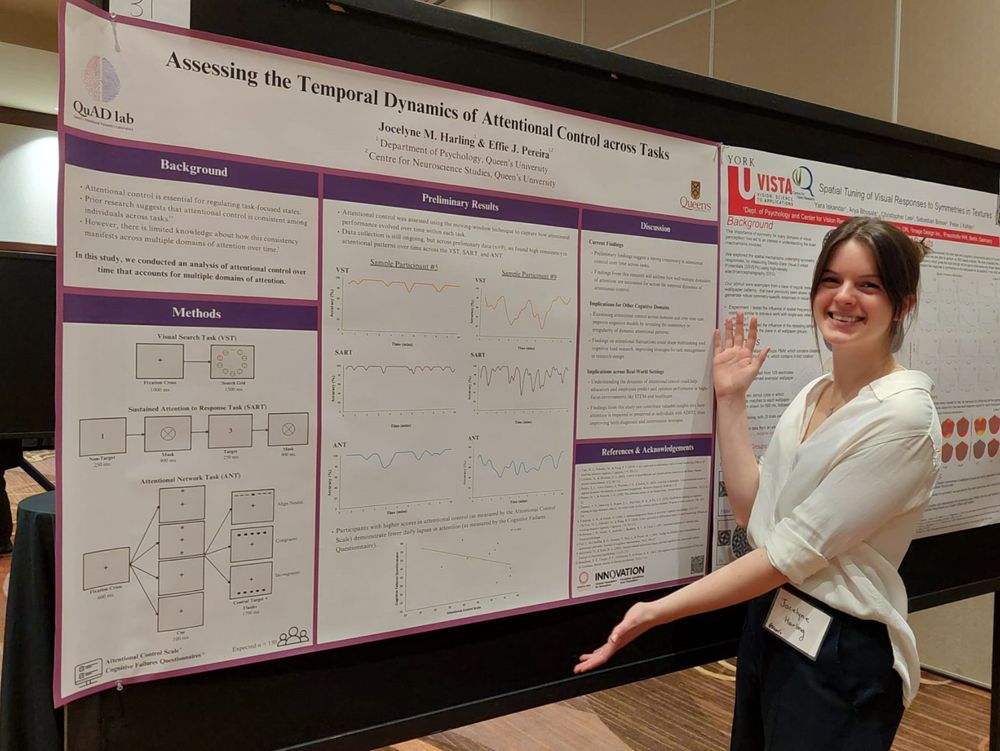 Jocelyne standing in front of her poster titled "Assessing the Temporal Dynamics of Attentional Control across Tasks"