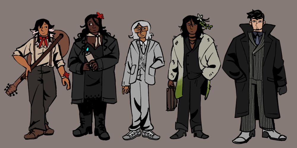 a lineup of 5 of my original characters dressed up as the characters from Hadestown