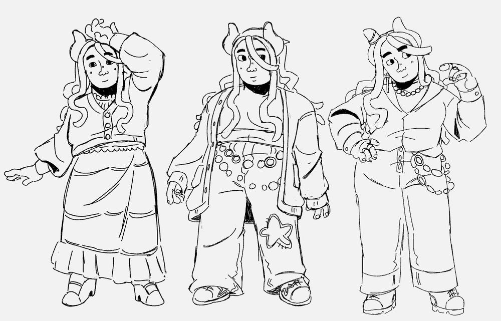 3 sketchy lineart illustrations of my original character in different outfits 
