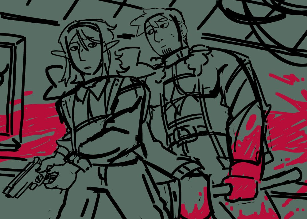My ocs in a bloody hallway lit in a sickly green 