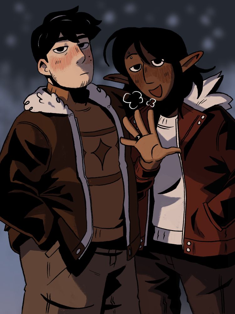 my ocs, Lynn and Beck, standing in a blurred out wintery environment 