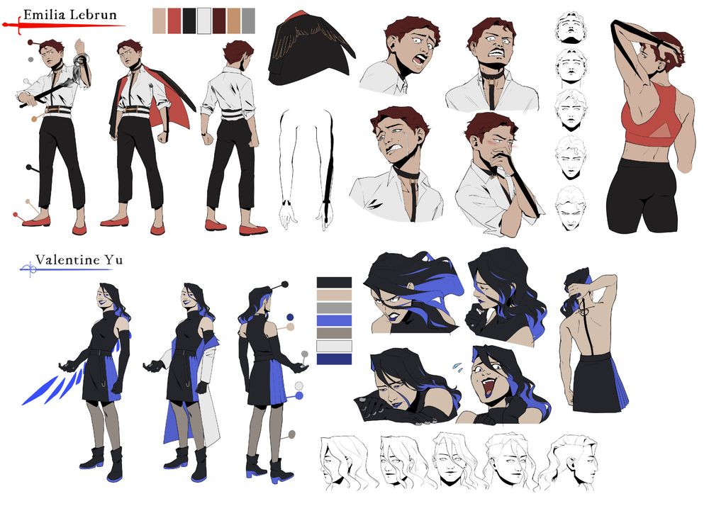 Character sheets for Emilia and Valentine from Sunset Phoenix. Emilia has short cropped dark reddish hair, and wears a harness over a white button up shirt, with a blazer draped over her shoulders. Valentine has long black and blue hair that falls partially across her face. She wears a black dress with a panel of blue pleated fabric on either side hip down. She wears black opera gloves and sometimes a large white and blue coat with lapels.